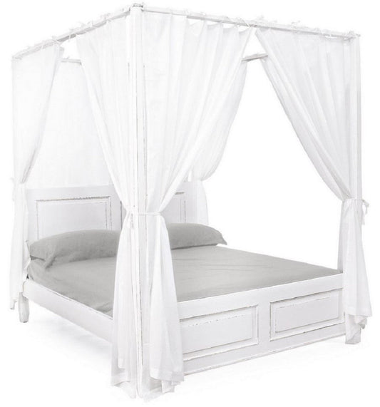 Landhausstil Doppelbett Antik Weiß 175 x 209 x H. 210 cm - Massivholz Bett mit Baumwoll Vorhängen - Schlafzimmer Möbel im Landhausstil - Landhausstil Möbel