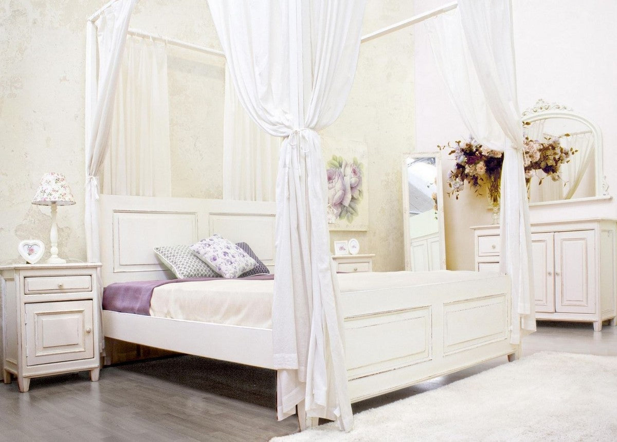 Landhausstil Doppelbett Antik Weiß 175 x 209 x H. 210 cm - Massivholz Bett mit Baumwoll Vorhängen - Schlafzimmer Möbel im Landhausstil - Landhausstil Möbel