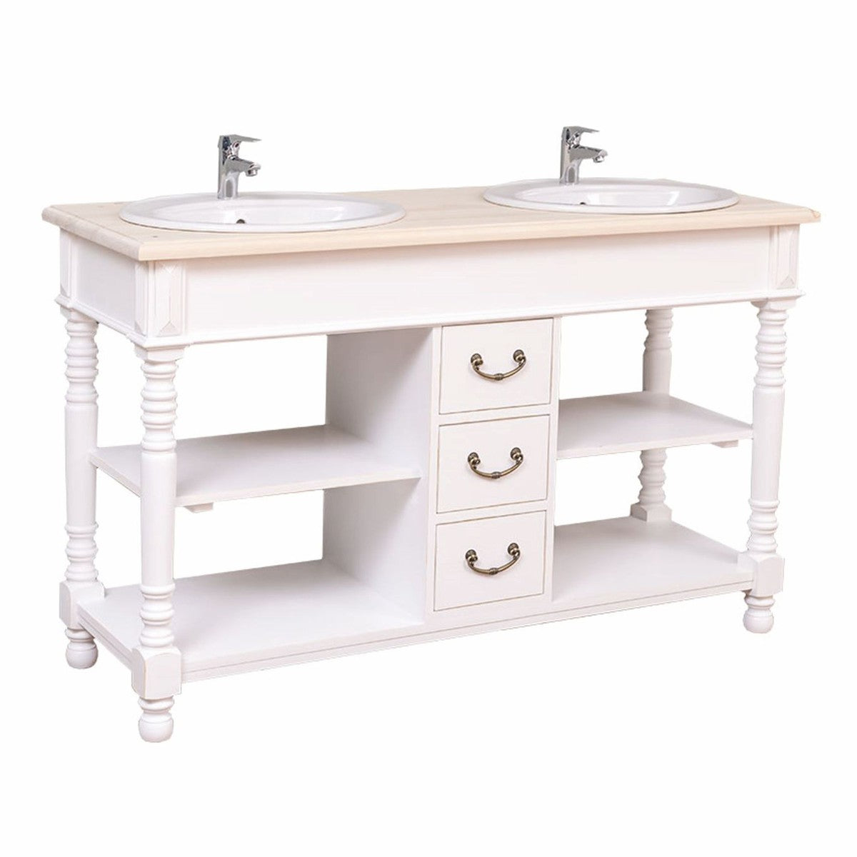 Landhausstil Doppel Waschtisch mit 2 Waschbecken Weiß / Naturfarben 150 cm