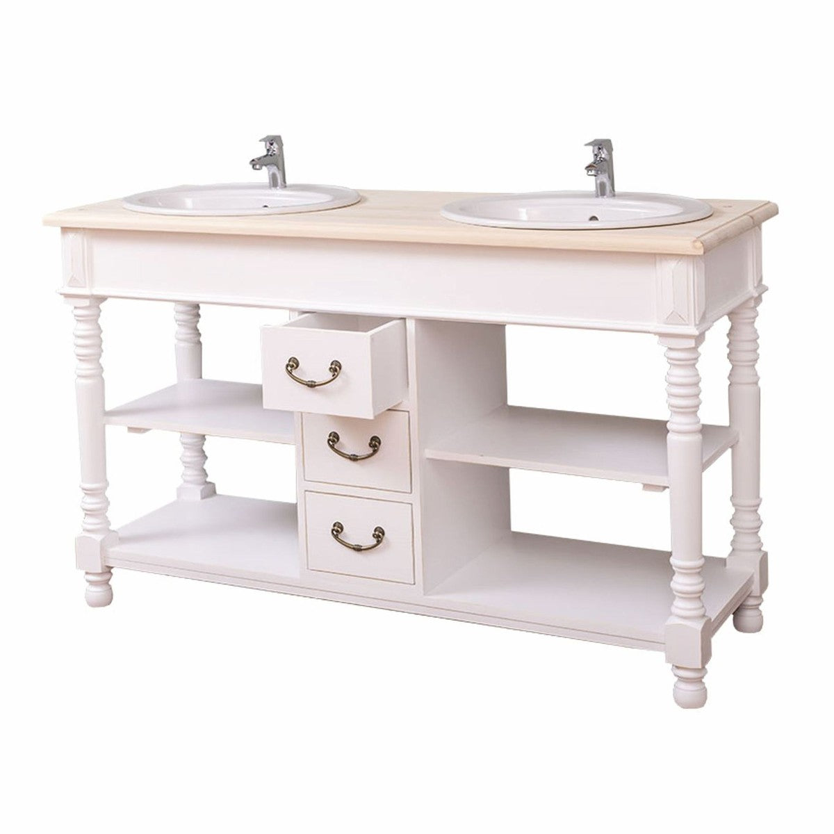 Landhausstil Doppel Waschtisch mit 2 Waschbecken Weiß / Naturfarben 150 cm