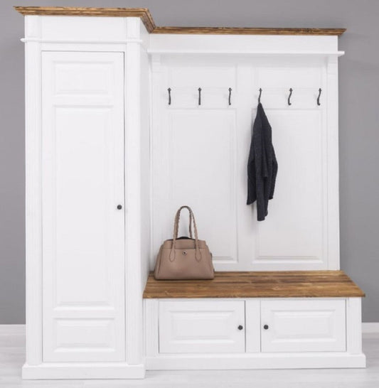 Landhausstil Garderobenschrank Weiß / Braun 205 x 65 x H. 210 cm - Massivholz Garderobe - Flur Schrank - Flurmöbel - Garderoben Möbel - Massivholz Möbel - Landhausstil Möbel