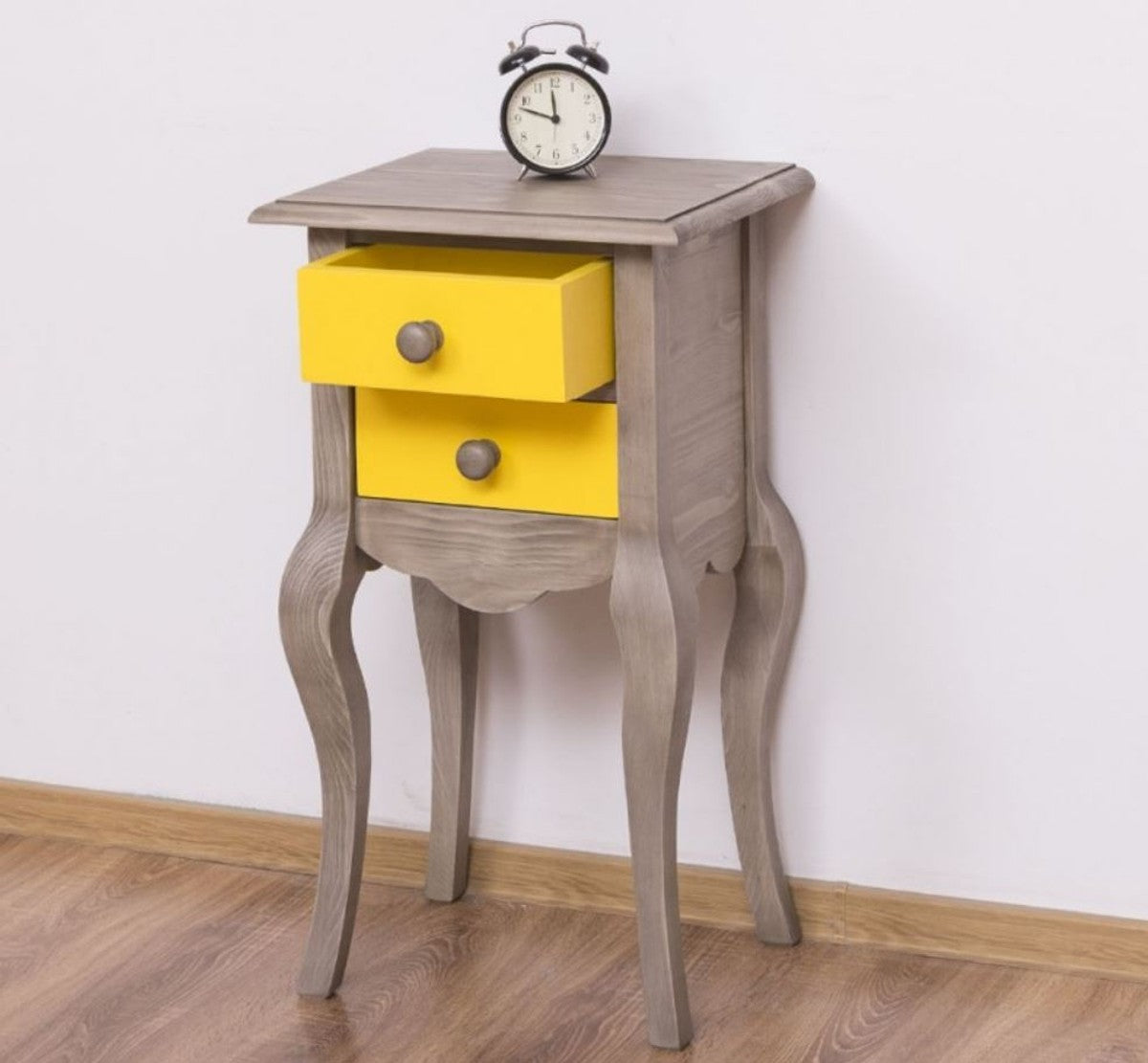 Landhausstil Beistelltisch Hellgrau / Gelb 40 x 34 x H. 70 cm - Massivholz Nachttisch - Kleine Schlafzimmer Kommode mit 2 Schubladen - Landhausstil Möbel