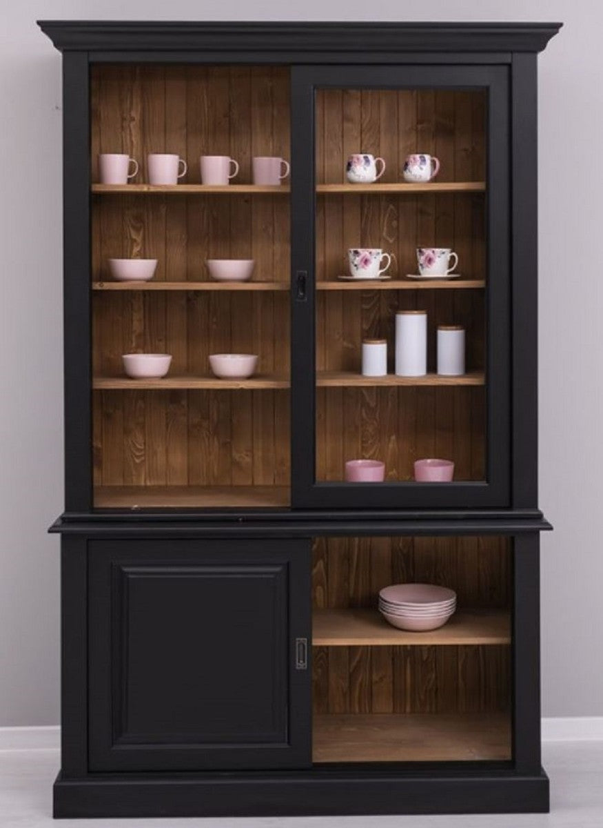 Landhausstil Esszimmerschrank Schwarz / Braun 141 x 48 x H. 212 cm - Massivholz Schrank mit 4 Schiebetüren - Landhausstil Massivholz Esszimmer Möbel