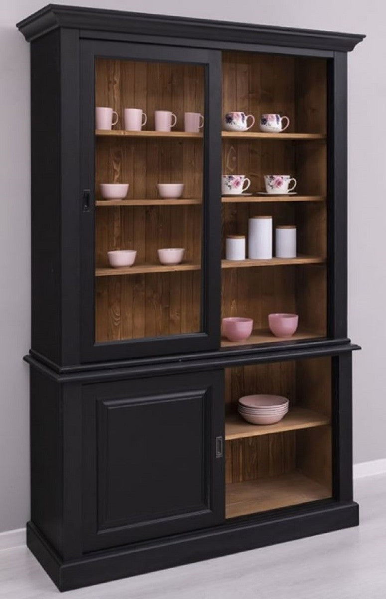 Landhausstil Esszimmerschrank Schwarz / Braun 141 x 48 x H. 212 cm - Massivholz Schrank mit 4 Schiebetüren - Landhausstil Massivholz Esszimmer Möbel