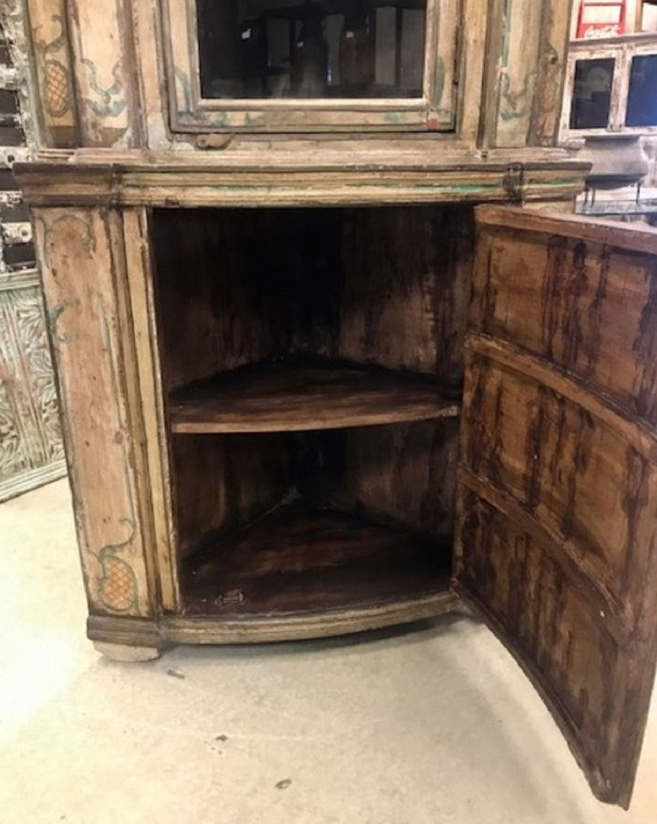 Landhausstil Eckschrank Vintage Handbemalt 95 x 65 x H. 200 cm - Massivholz Schrank mit 2 Türen - Küchenschrank - Landhausstil Möbel Schrank Ecke