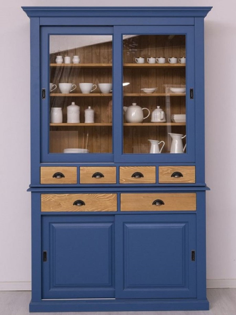 Landhausstil Esszimmerschrank Blau / Naturfarben 142 x 48 x H. 225 cm - Massivholz Küchenschrank - Landhausstil Esszimmer Möbel