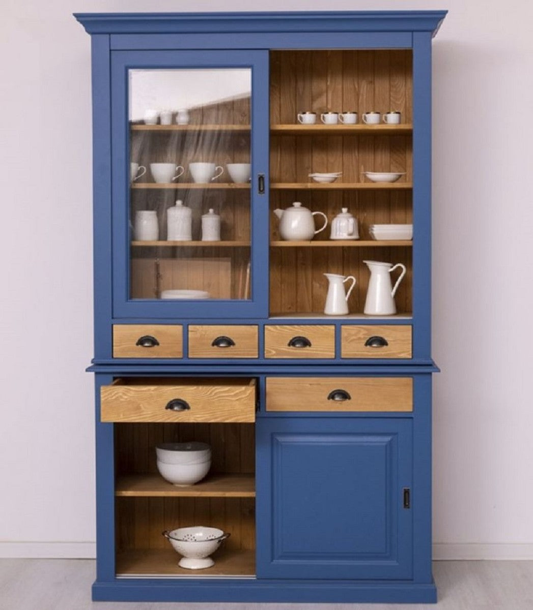 Landhausstil Esszimmerschrank Blau / Naturfarben 142 x 48 x H. 225 cm - Massivholz Küchenschrank - Landhausstil Esszimmer Möbel