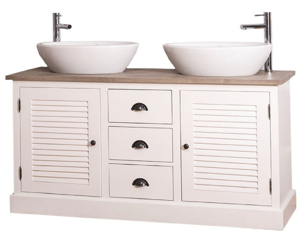 Landhausstil Doppel-Waschtisch mit 2 Türen und 3 Schubladen Creme / Naturfarben 150 x 51 x H. 75 cm - Badezimmermöbel im Landhausstil