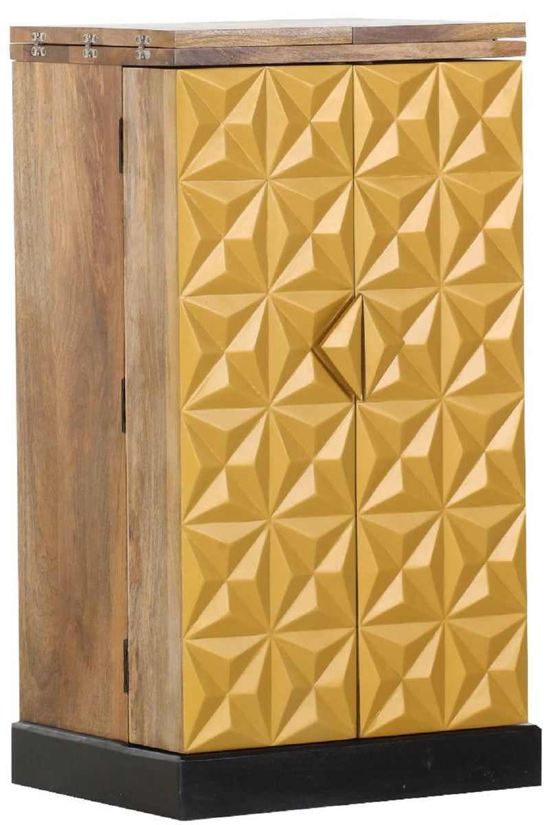 Designer Barschrank mit 2 Türen Naturfarben / Gold / Schwarz 59-117 x 48 x H. 113 cm - Massivholz Weinschrank - Barmöbel