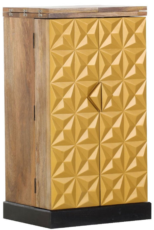Designer Barschrank mit 2 Türen Naturfarben / Gold / Schwarz 59-117 x 48 x H. 113 cm - Massivholz Weinschrank - Barmöbel