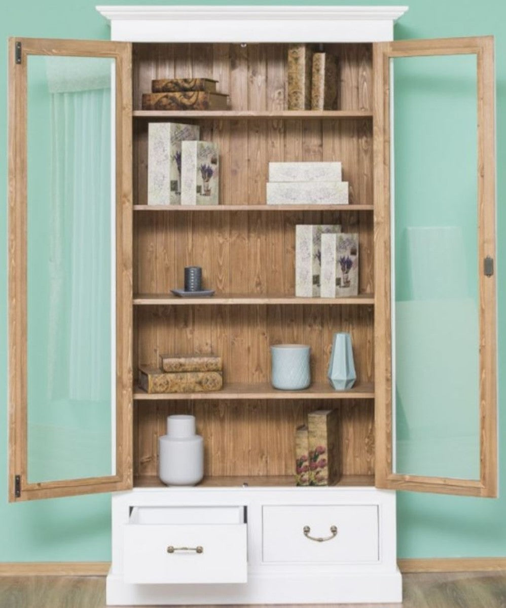 Landhausstil Bücherschrank Weiß / Braun 109 x 39 x H. 210 cm - Wohnzimmerschrank mit 2 Glastüren und 2 Schubladen - Landhausstil Möbel