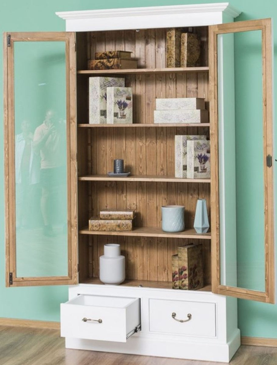 Landhausstil Bücherschrank Weiß / Braun 109 x 39 x H. 210 cm - Wohnzimmerschrank mit 2 Glastüren und 2 Schubladen - Landhausstil Möbel
