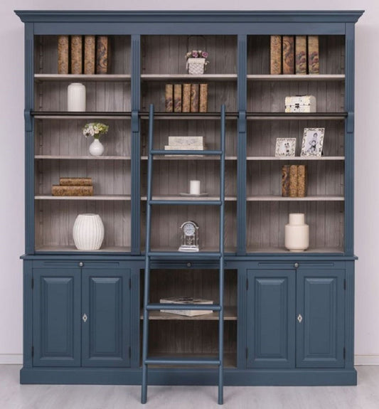 Landhausstil Bücherschrank mit Leiter Blau / Grau 229 x 51 x H. 244 cm - Massivholz Schrank - Wohnzimmerschrank - Regalschrank - Büroschrank - Landhausstil Möbel