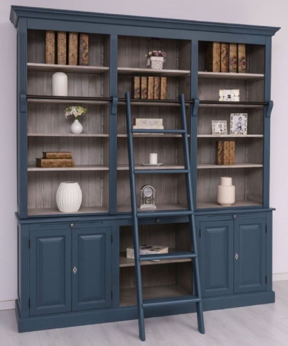 Landhausstil Bücherschrank mit Leiter Blau / Grau 229 x 51 x H. 244 cm - Massivholz Schrank - Wohnzimmerschrank - Regalschrank - Büroschrank - Landhausstil Möbel