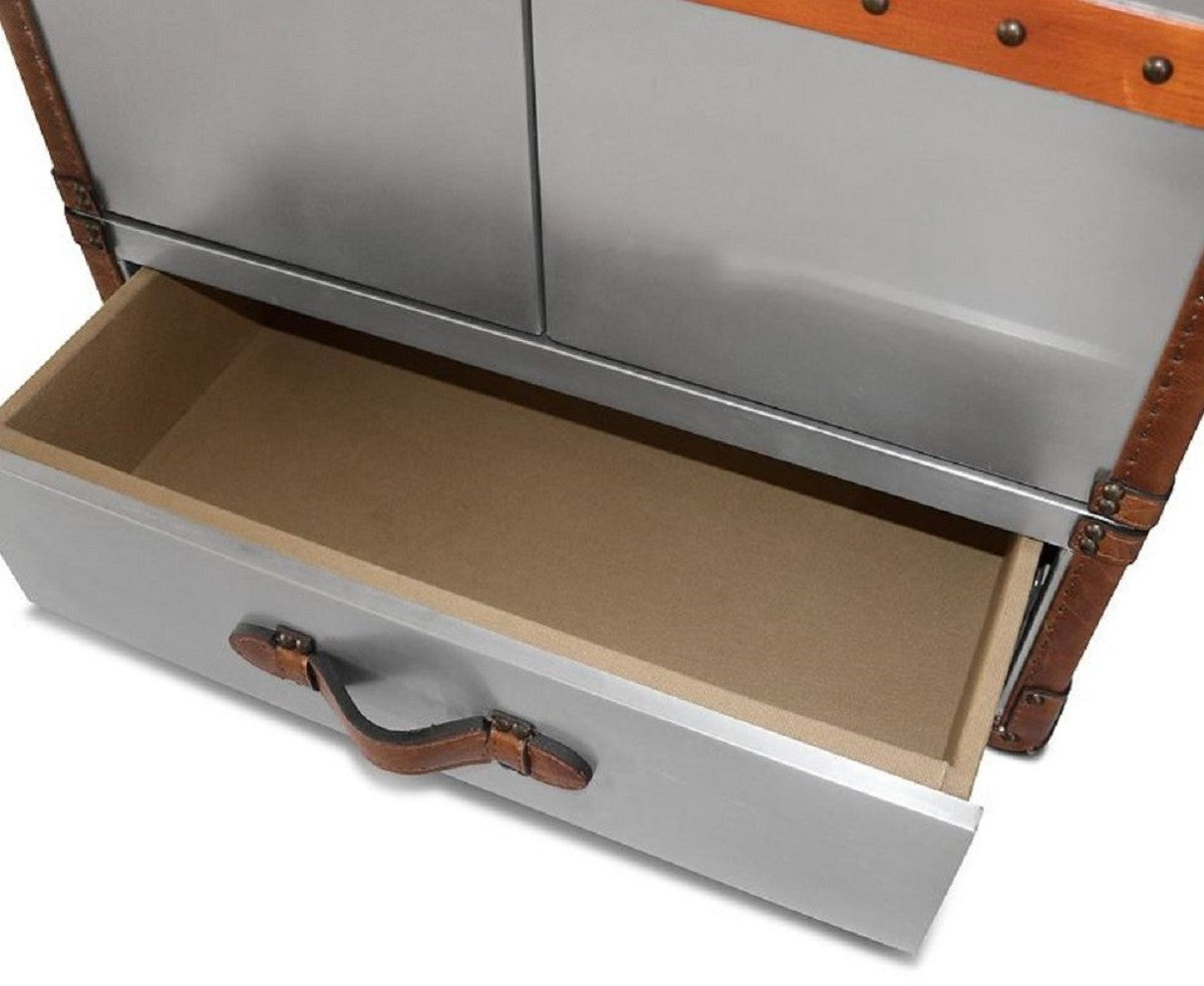 Luxus Weinschrank Silber / Braun 63 x 52 x H. 130 cm - Aluminium Kofferschrank mit Echtleder - Barschrank im Koffer Design - Luxus Bar Möbel