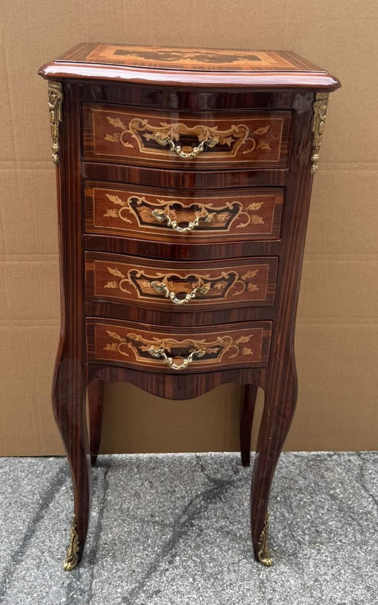 Barock Kommode mit 4 Schubladen Braun Intarsien / Messing H. 80 cm