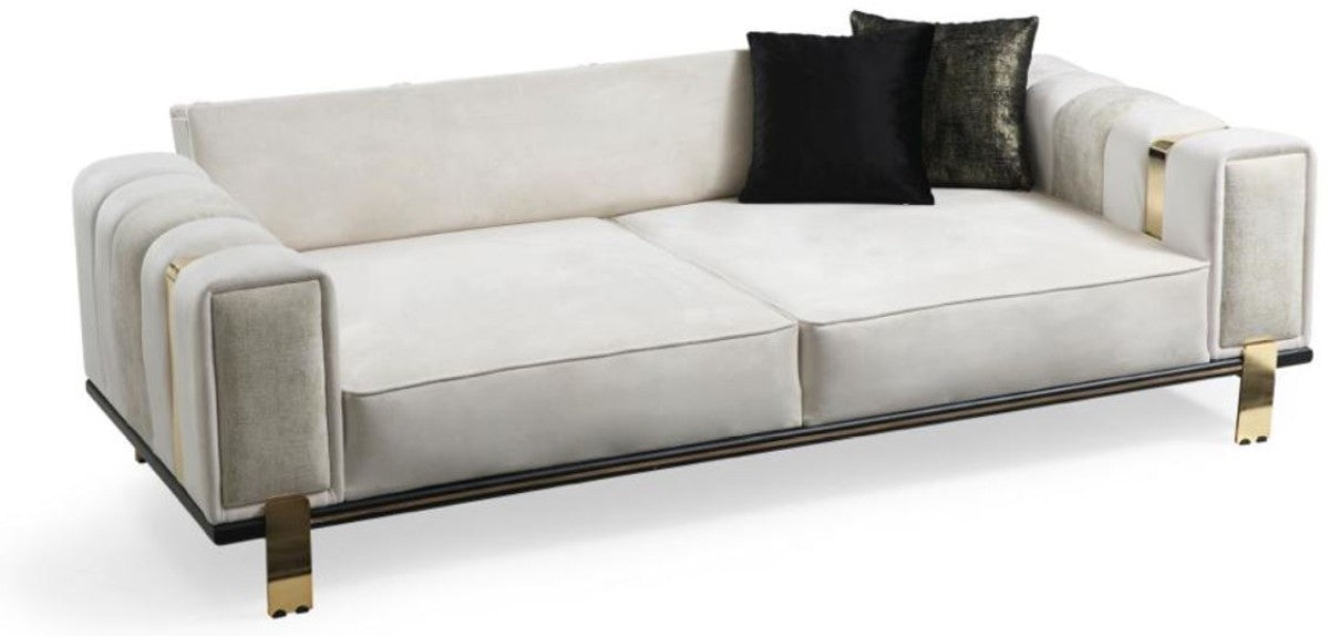Luxus Wohnzimmer Sofa mit verstellbarer Rückenlehne Weiß / Grau / Gold 223 x 93 x H. 76 cm - Wohnzimmer Möbel - Luxus Möbel