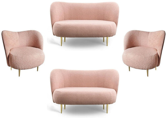 Luxus Wohnzimmer Set Rosa / Gold - 2 Luxus Sofas mit gebogener Rückenlehne & 2 Luxus Sessel mit gebogener Rückenlehne - Wohnzimmer Möbel - Luxus Möbel - Luxus Einrichtung