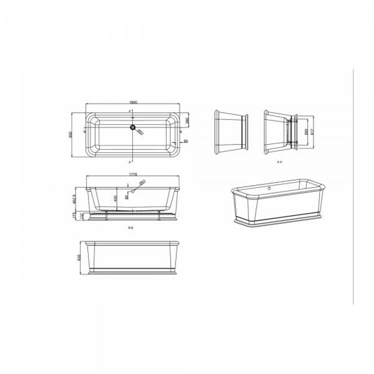Badewanne freistehend rechteckig 1800mm BLon Silber - Freistehende Retro Antik Badewanne