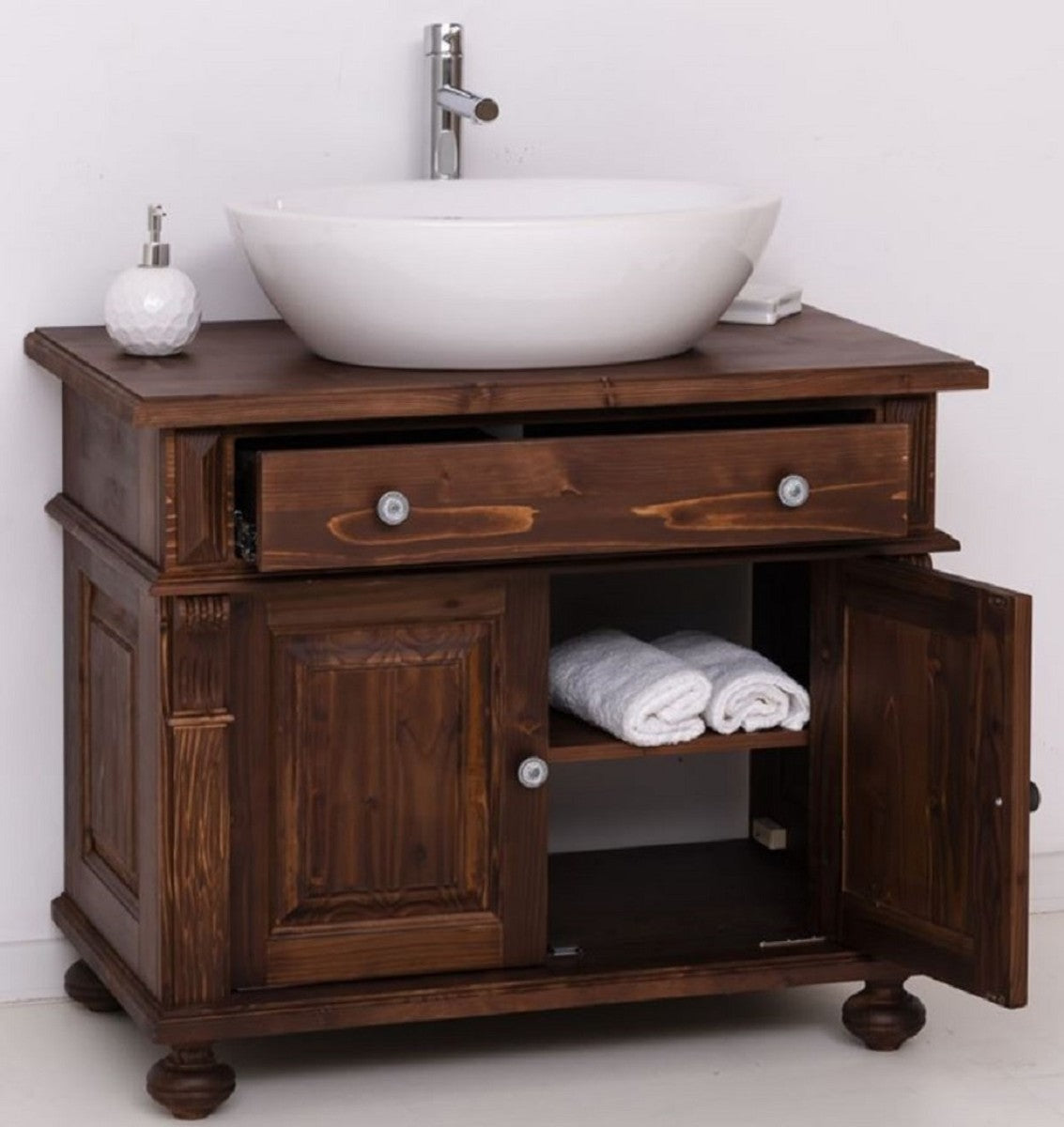 Landhausstil Badezimmer Set Dunkelbraun / Weiß - 1 Waschbeckenschrank & 1 Ovales Keramik Waschbecken - Badezimmer Möbel im Landhausstil - Landhausstil Möbel - Landhausstil Einrichtung