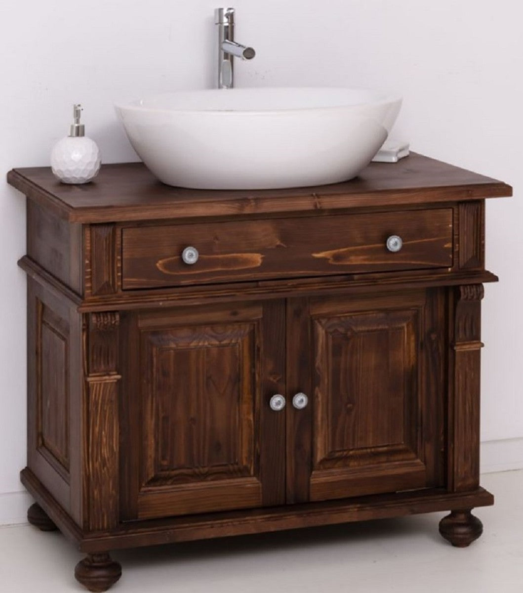 Landhausstil Badezimmer Set Dunkelbraun / Weiß - 1 Waschbeckenschrank & 1 Ovales Keramik Waschbecken - Badezimmer Möbel im Landhausstil - Landhausstil Möbel - Landhausstil Einrichtung