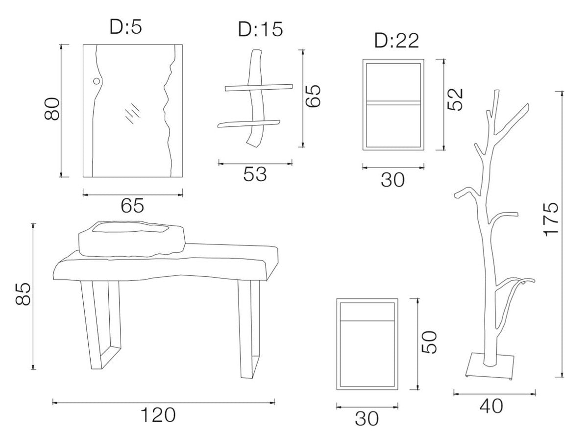 Designer Badezimmer Set Naturfarben / Braun / Grau / Schwarz - Massivholz Badezimmer Möbel mit Vulkanstein Waschbecken - Luxus Qualität