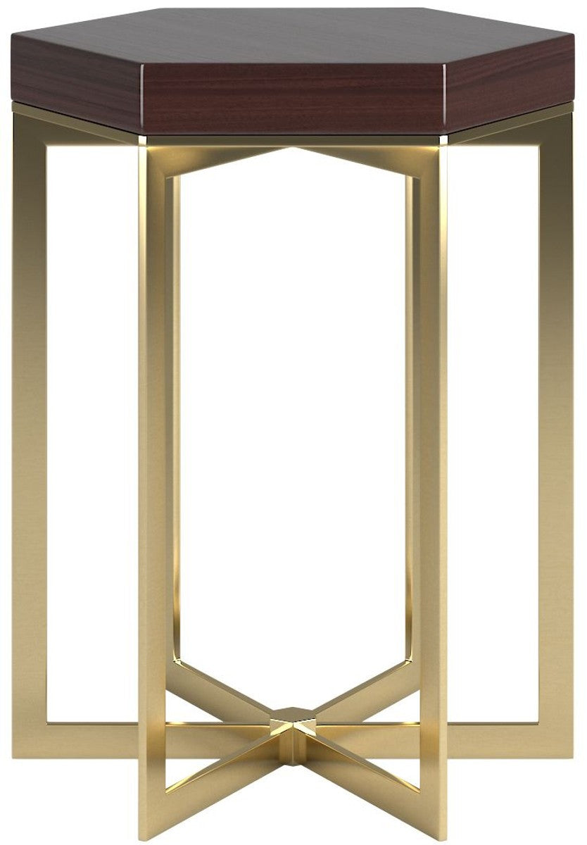 Designer Beistelltisch Dunkelbraun Hochglanz / Gold 50 x 50 x H. 65 cm - Edler 6-eckiger Tisch mit Massivholz Tischplatte und Edelstahl Gestell - Luxus Qualität