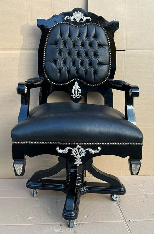 Barock Schreibtischstuhl Schwarz / Silber - Höhenverstellbarer Barockstil Bürostuhl mit edlem Kunstleder - Barock Büro Möbel - Edel & Prunkvoll
