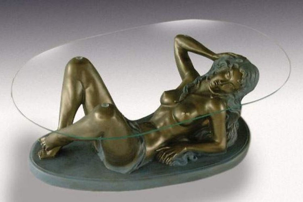 Jugendstil Couchtisch Frau Antik Messing / Grau H. 45 cm - Eleganter Wohnzimmertisch mit ovaler Glasplatte - Barock & Jugendstil Möbel