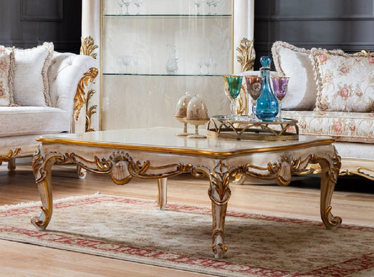 Pompöös by Luxus Barock Couchtisch Provence Beige / Weiß / Gold - Pompööser Barockstil Wohnzimmertisch designed by Harald Glööckler