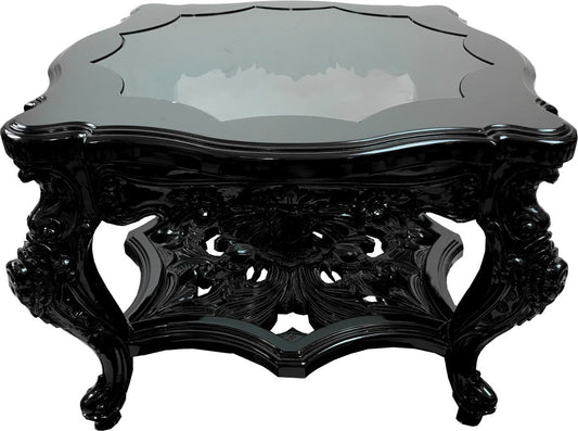 Prachtvoller handgeschnitzer Luxus Barock Couchtisch Schwarz mit eingesetzter Glasplatte 76 x 76 x H 52.5 cm von Casa Padrino