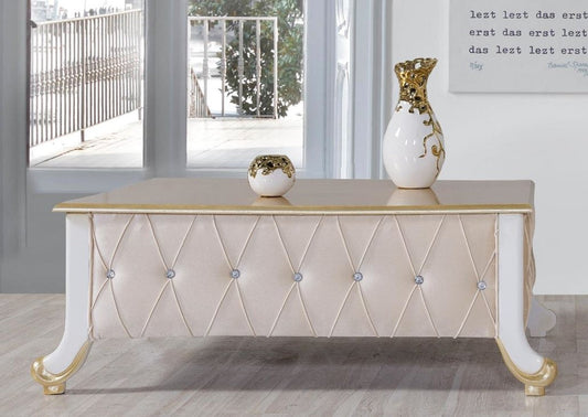 Barock Couchtisch Beige / Weiß / Gold 100 x 64 x H. 43 cm - Edler Barockstil Wohnzimmertisch mit Glitzersteinen - Barock Möbel