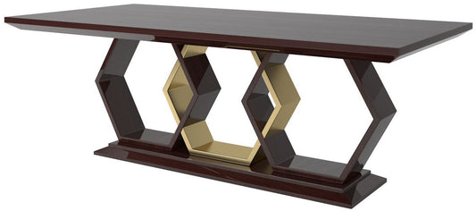 Designer Esstisch Dunkelbraun Hochglanz / Gold 220 x 110 x H. 77 cm - Edler Rechteckiger Massivholz Küchentisch - Luxus Qualität
