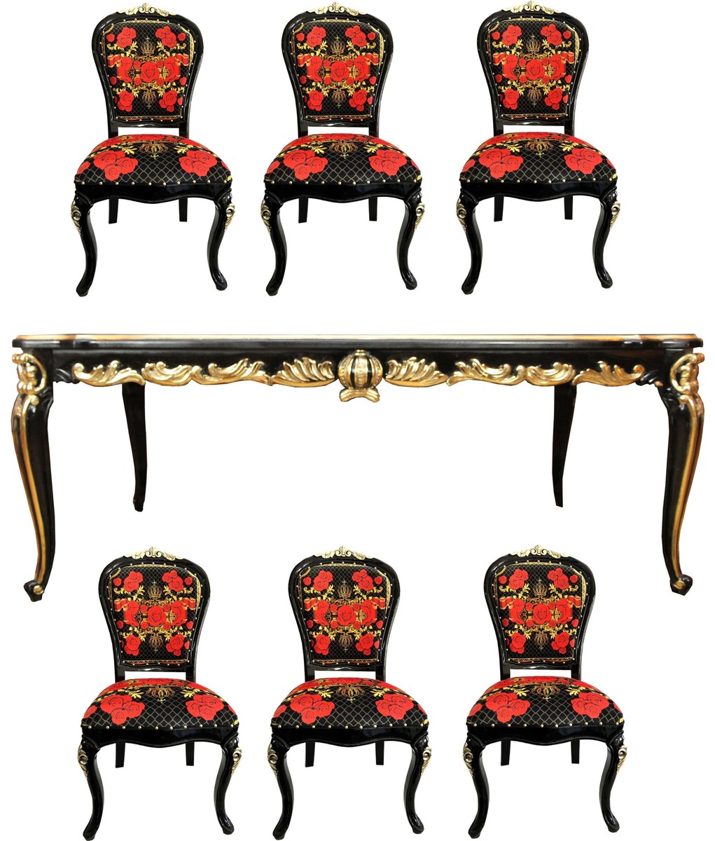Pompöös by Barock Luxus Esszimmer Set - Pompööser Barock Esstisch mit Glasplatte und 6 Stühlen designed by Harald Glööckler - Barock Esszimmermöbel