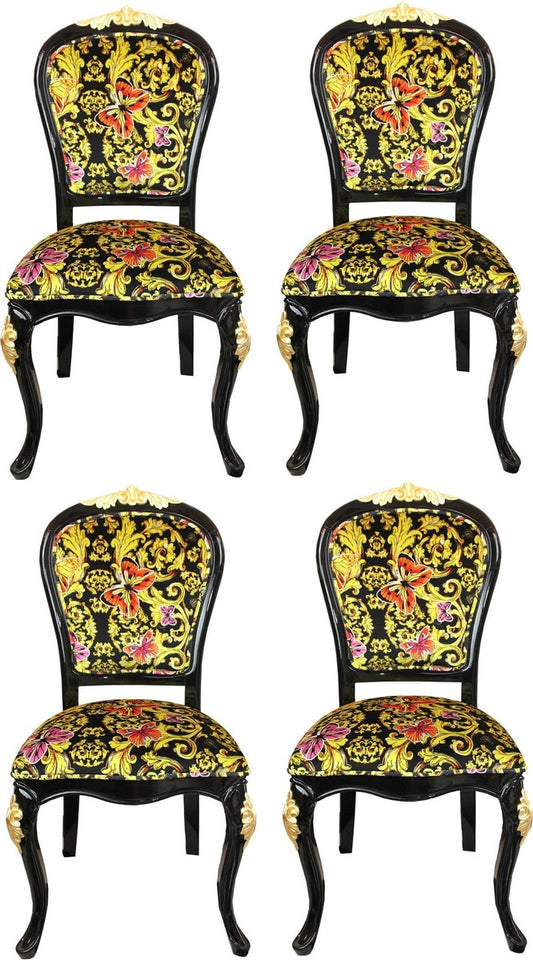 Pompöös by Luxus Barock Esszimmerstühle Butterflies & Flowers Mehrfarbig / Schwarz / Gold - Pompööse Barock Stühle designed by Harald Glööckler - 4 Esszimmerstühle - Barock Esszimmermöbel