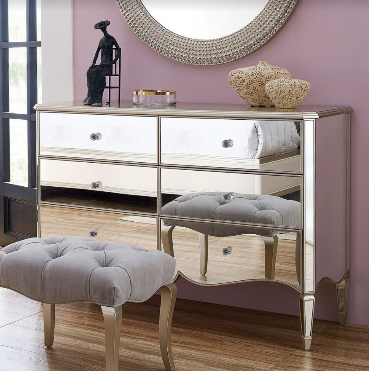 Neoklassik Kommode Silber 141 x 48,5 x H. 95 cm - Verspiegelte Massivholz Kommode mit 6 Schubladen - Möbel im Neoklassischem Stil