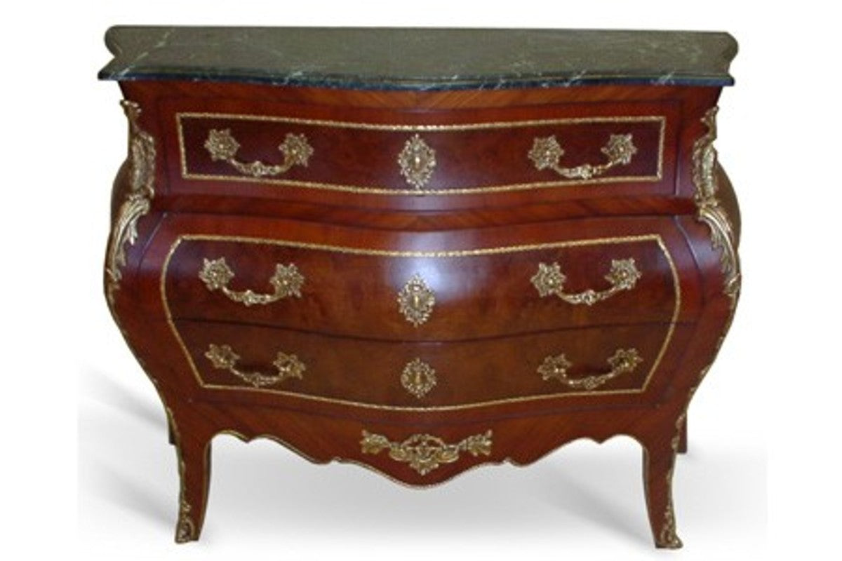 Barock Kommode mit Marmorplatte Mahagoni Braun mit goldenen Metallapplikationen 124 cm - Hotel Collection