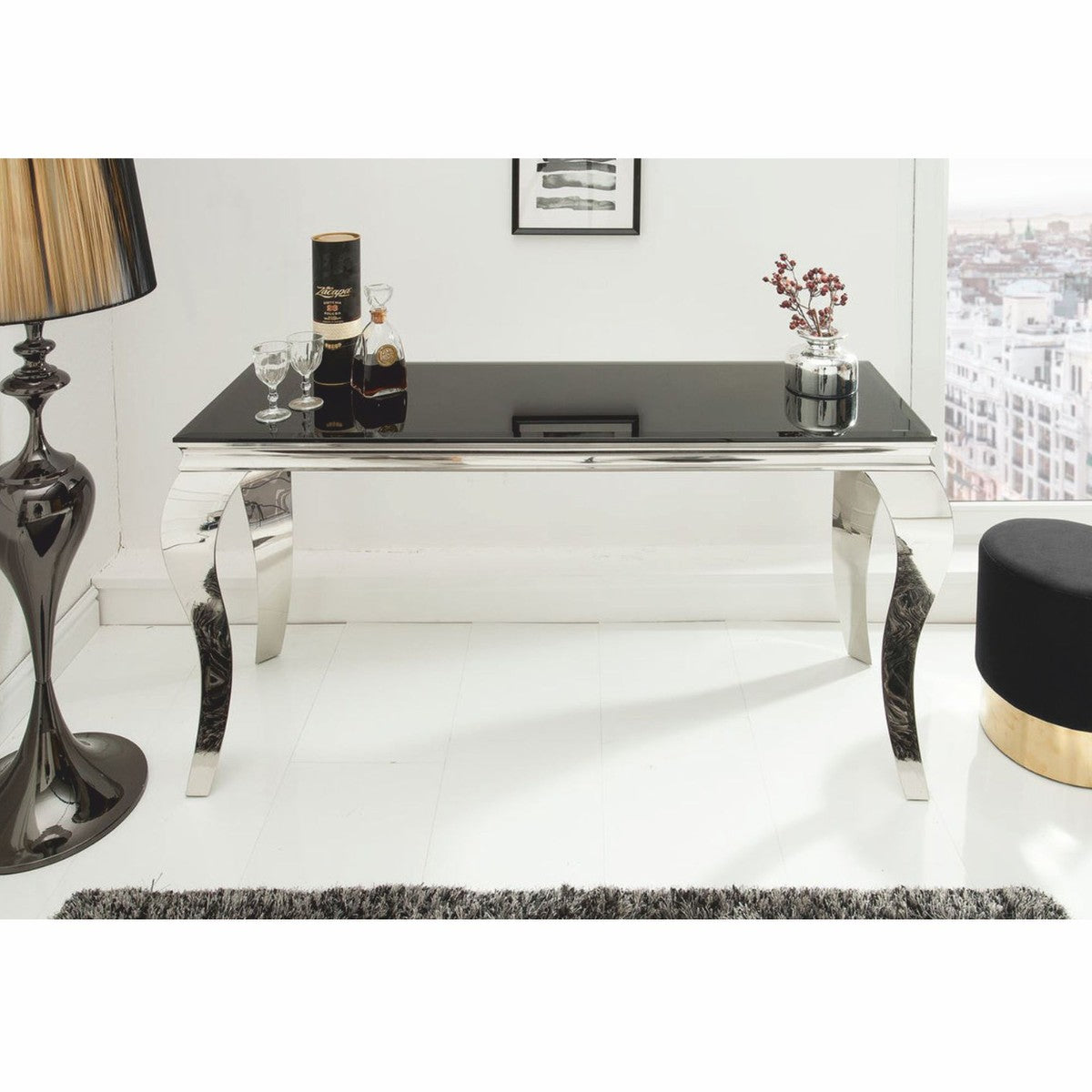 Barock Edelstahl Konsole mit Glasplatte Silber / Schwarz 145 cm