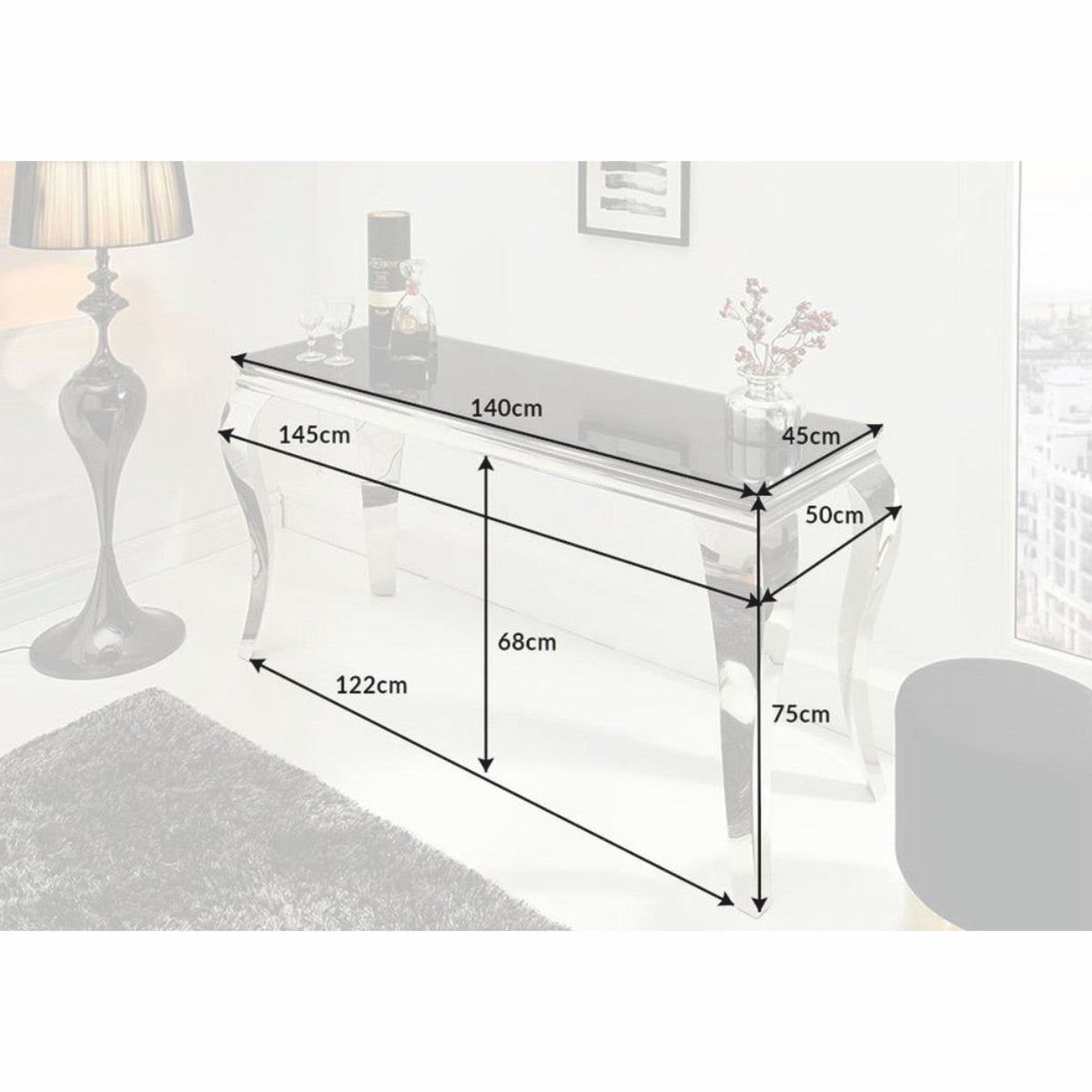 Barock Edelstahl Konsole mit Glasplatte Silber / Schwarz 145 cm