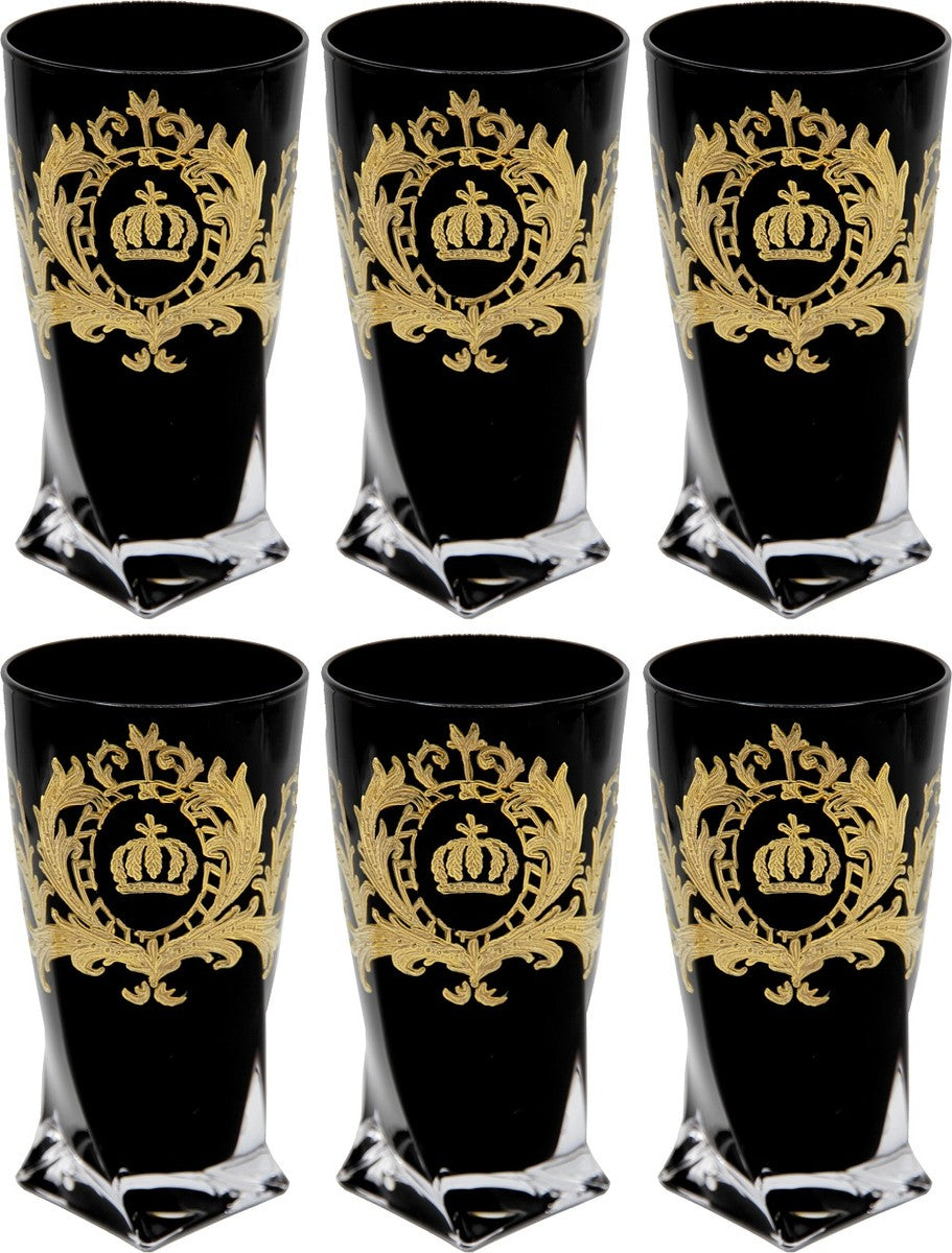 Pompöös by Luxus Wasserglas Set Schwarz / Gold Ø 8 x H. 13,5 cm - Wassergläser mit 24 Karat Vergoldung - Pompööse Gläser designed by Harald Glööckler