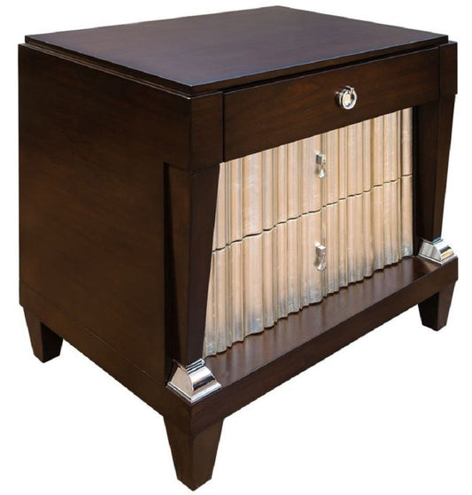 Neoklassische Luxus Nachtkommode Dunkelbraun / Silber 66,5 x 46,5 x H. 70 cm - Edler Massivholz Nachttisch mit 3 Schubladen - Schlafzimmer Möbel im Neoklassischem Stil
