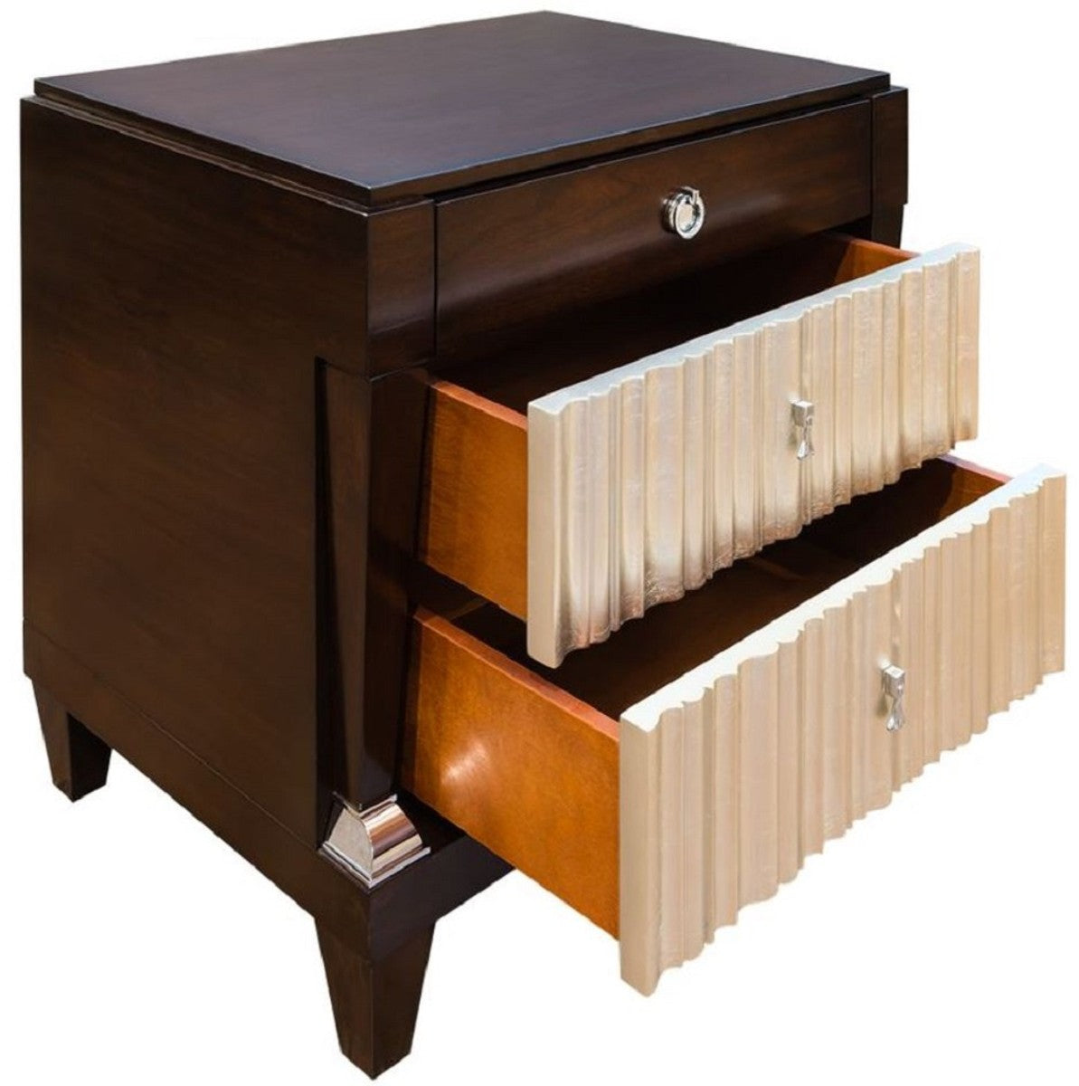 Neoklassische Luxus Nachtkommode Dunkelbraun / Silber 66,5 x 46,5 x H. 70 cm - Edler Massivholz Nachttisch mit 3 Schubladen - Schlafzimmer Möbel im Neoklassischem Stil