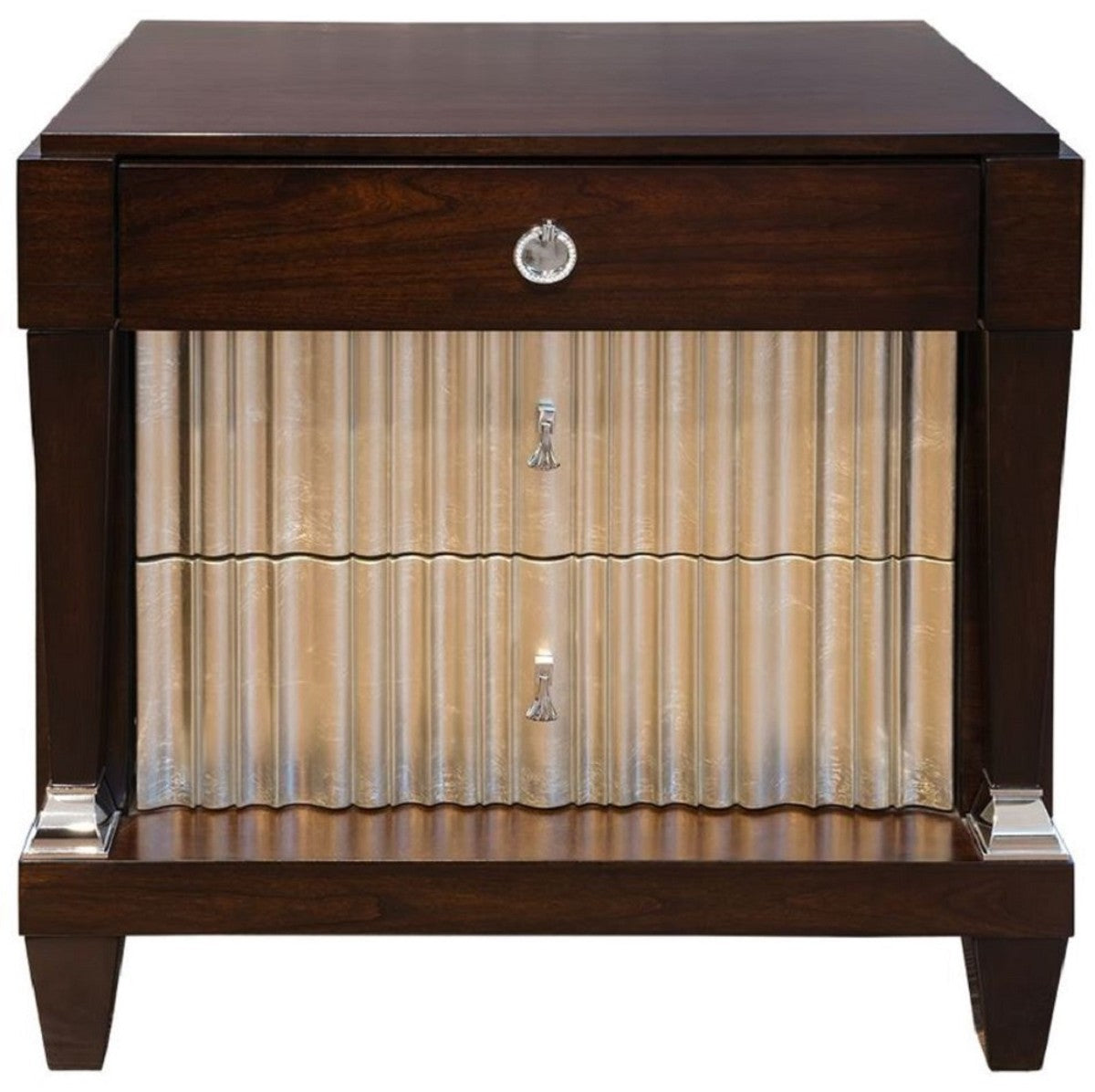 Neoklassische Luxus Nachtkommode Dunkelbraun / Silber 66,5 x 46,5 x H. 70 cm - Edler Massivholz Nachttisch mit 3 Schubladen - Schlafzimmer Möbel im Neoklassischem Stil
