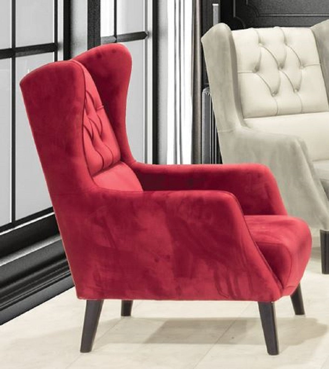 Chesterfield Ohrensessel Rot / Schwarz 80 x 80 x H. 90 cm - Moderner Wohnzimmer Sessel - Chesterfield Wohnzimmer Möbel