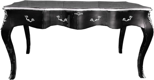 Barock Sekretär Schwarz / Silber- Schreibtisch Luxus Möbel Büro