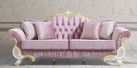 Barock Wohnzimmer Sofa mit Glitzersteinen Rosa / Weiß / Gold 228 x 105 x H. 85 cm - Edel & Prunkvoll