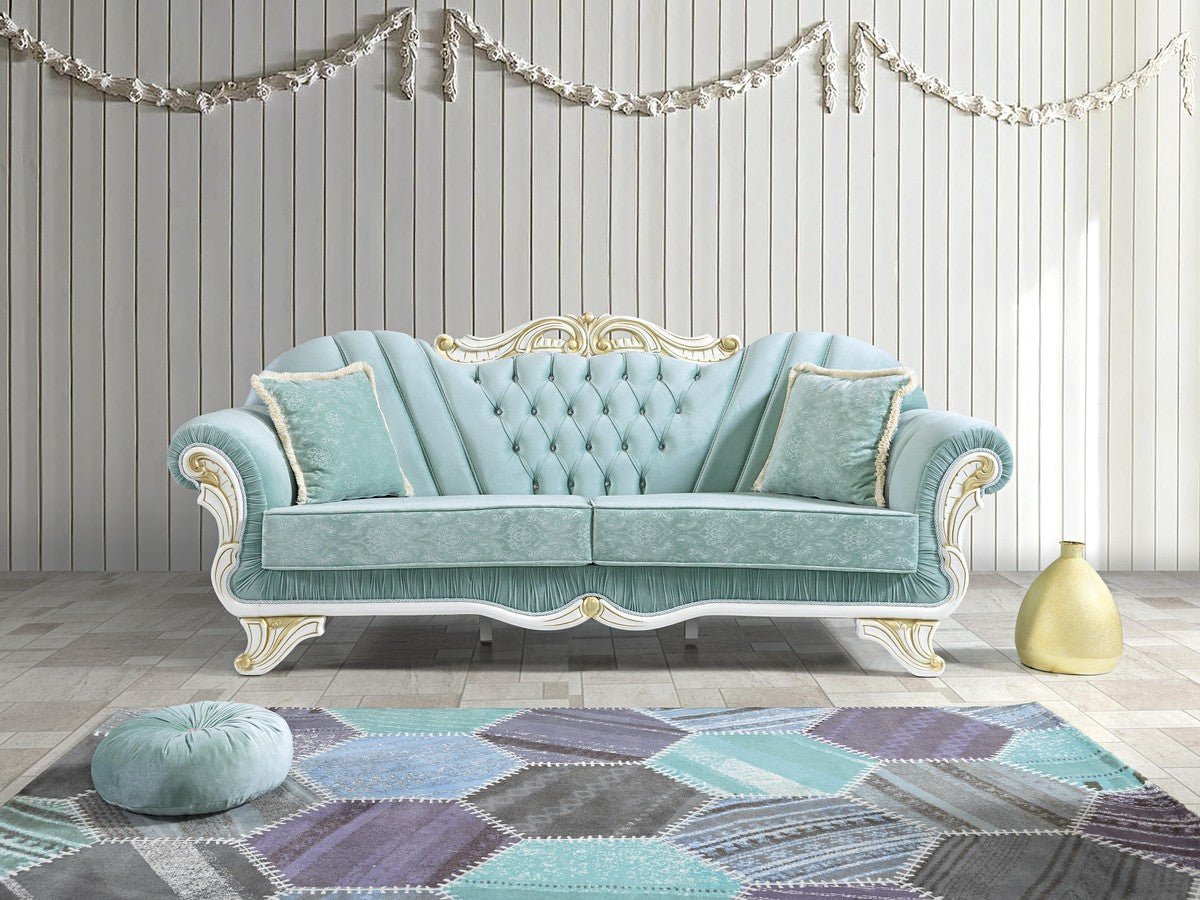 Barock Wohnzimmer Sofa mit Glitzersteinen Hellgrün / Weiß / Gold 235 x 87 x H. 102 cm - Edle Wohnzimmer Möbel im Barockstil