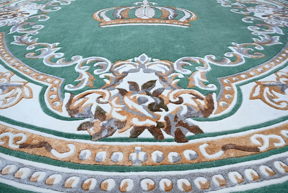 Runder Pompöös by Luxus Barock Teppich Krone von Harald Glööckler Grün / Weiß / Braun - Verschiedene Größen