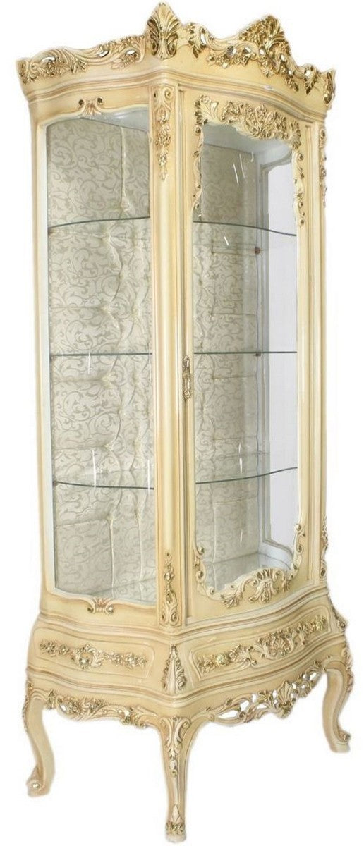 Barock Vitrine Cremefarben 80 x 40 x H. 200 cm - Prunkvoller Barock Vitrinenschrank mit Glastür und wunderschönen Verzierungen - Barock Möbel