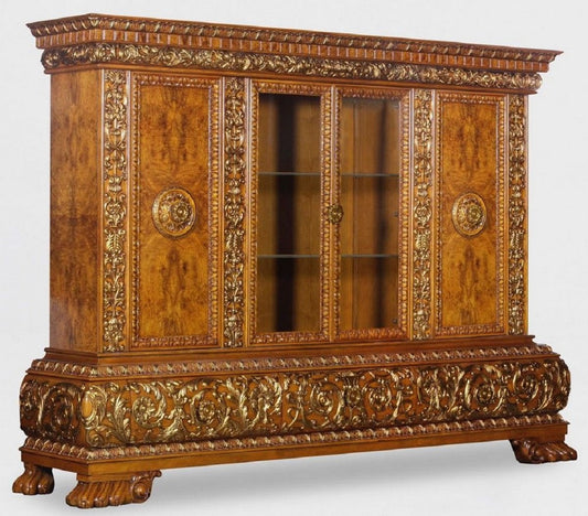 Luxus Wohnzimmerschrank mit LED Beleuchtung Braun / Gold 268 x 58 x H. 189 cm - Massivholz Schrank - Luxus Möbel - Luxus Einrichtung - Wohnzimmer Einrichtung - Luxus Qualität